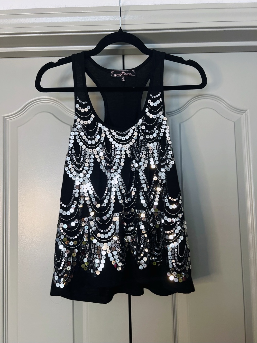 Y2K Sequin Tank Top Black Silver Beaded Racerback Party Top Size S